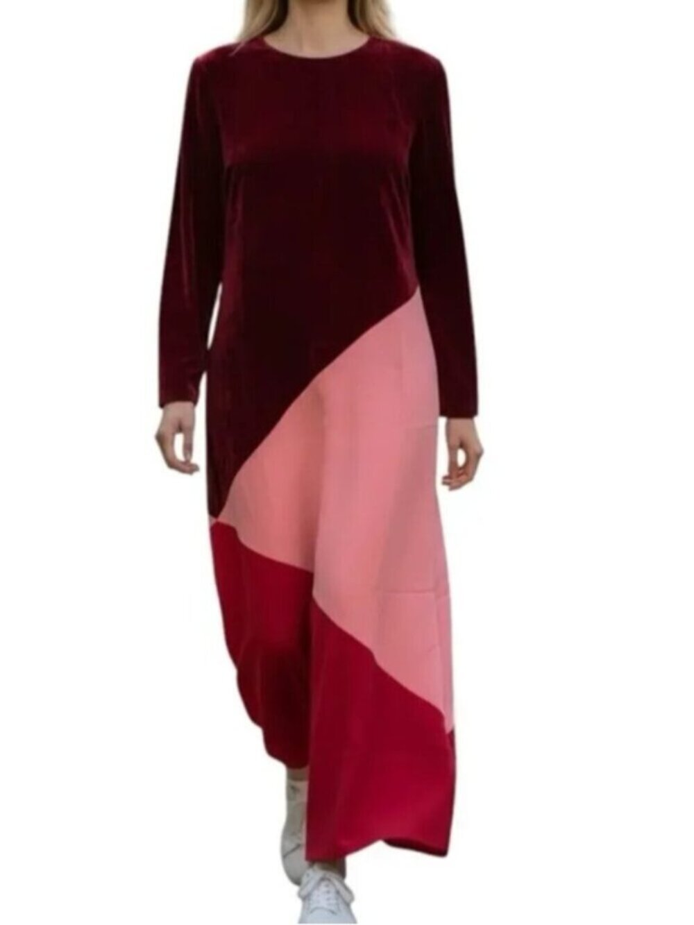 Tuckernuck Silk Velvet Long Sleeve Colorblock Oversized Maxi Dress Red XS